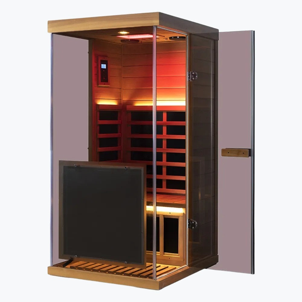 WizziSaunas 909MX Mini red cedar infrared sauna left-opening door variant, front view.