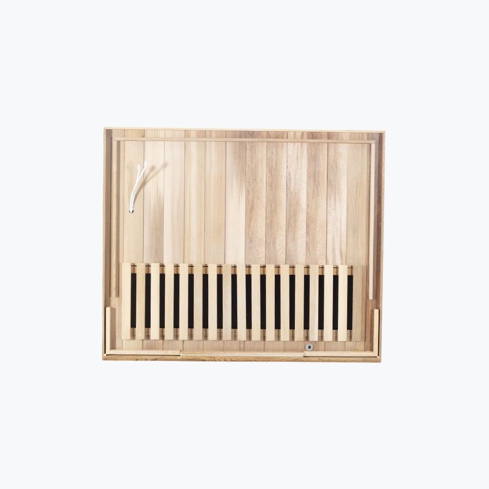 WizziSaunas SR02 Red Cedar Infrared Sauna top-down view of cedar wood floor panel showing stainless steel door handle and lower carbon heater strip on white background