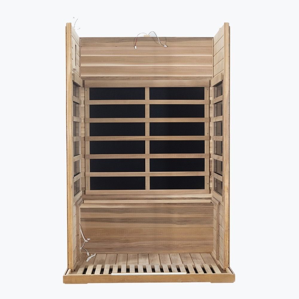 WizziSaunas SR02 Red Cedar 2-Person Infrared Sauna assembly step two showing rear wall and right side wall panels with carbon heaters joined to floor panel open front view on white background