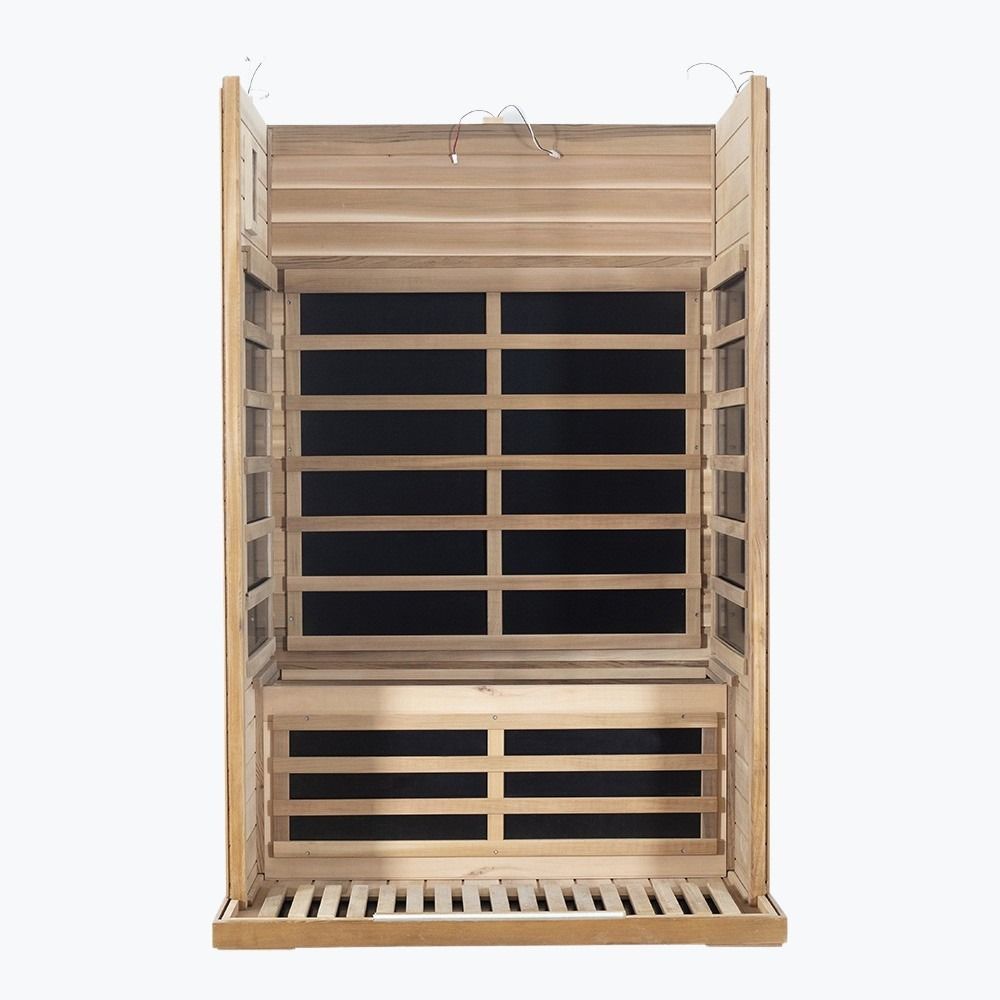 WizziSaunas SR02 Red Cedar 2-Person Infrared Sauna assembly step three showing rear and both side wall panels with bench seat installed on floor panel open front view on white background