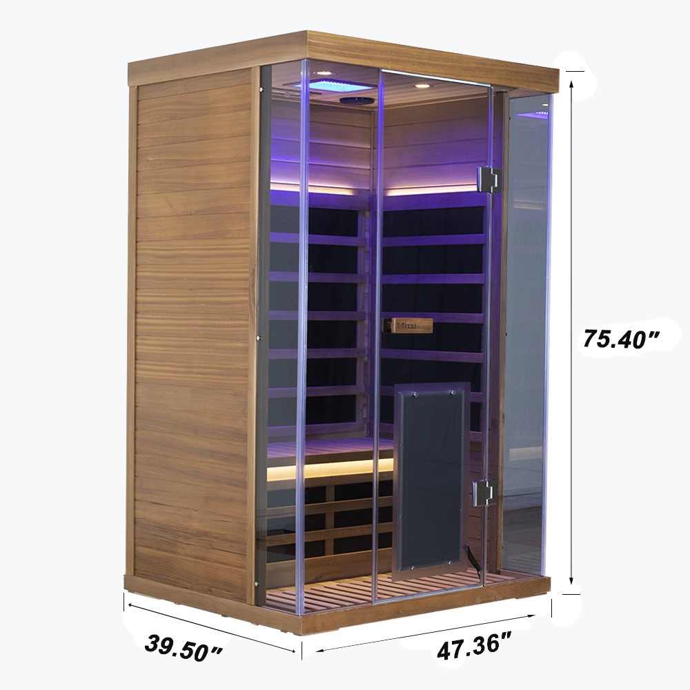WizziSaunas SR02 Red Cedar 2-Person Full Spectrum Infrared Sauna dimensions diagram showing 75.40 inches tall 39.50 inches wide and 47.36 inches deep with purple chromotherapy interior on white background