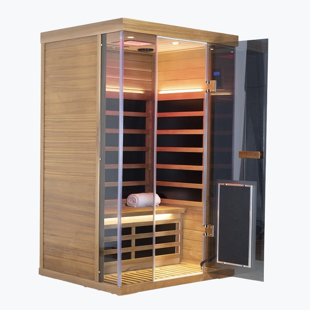 WizziSaunas SR02 Red Cedar 2-Person Infrared Sauna fully assembled front-side interior view with warm gold LED accent lighting carbon heater panels bench seat and WizziSaunas brand label on white background with the door open
