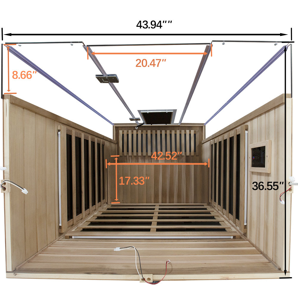 WizziSaunas SR02 Red Cedar 2-Person Infrared Sauna interior dimensions diagram showing 43.94 inch total width 42.52 inch interior length 17.33 inch bench depth and 36.55 inch interior height measurements in orange