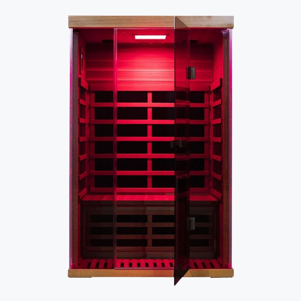 WizziSaunas SR02 Red Cedar 2-Person Infrared Sauna fully assembled front interior view with deep red LED accent lighting carbon heater panels bench seat and WizziSaunas brand label on white background with the door open
