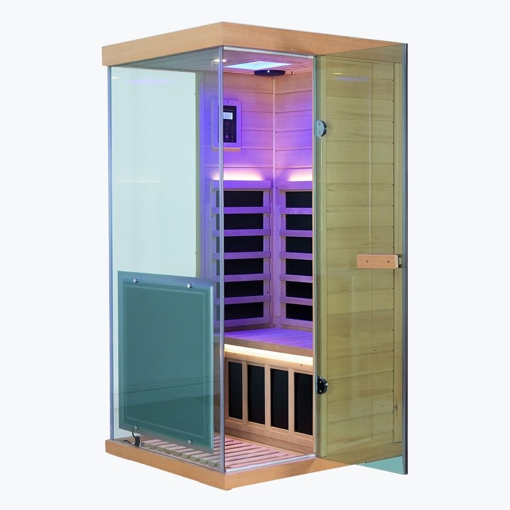 Infrared sauna with glass door and wooden interior on a white background