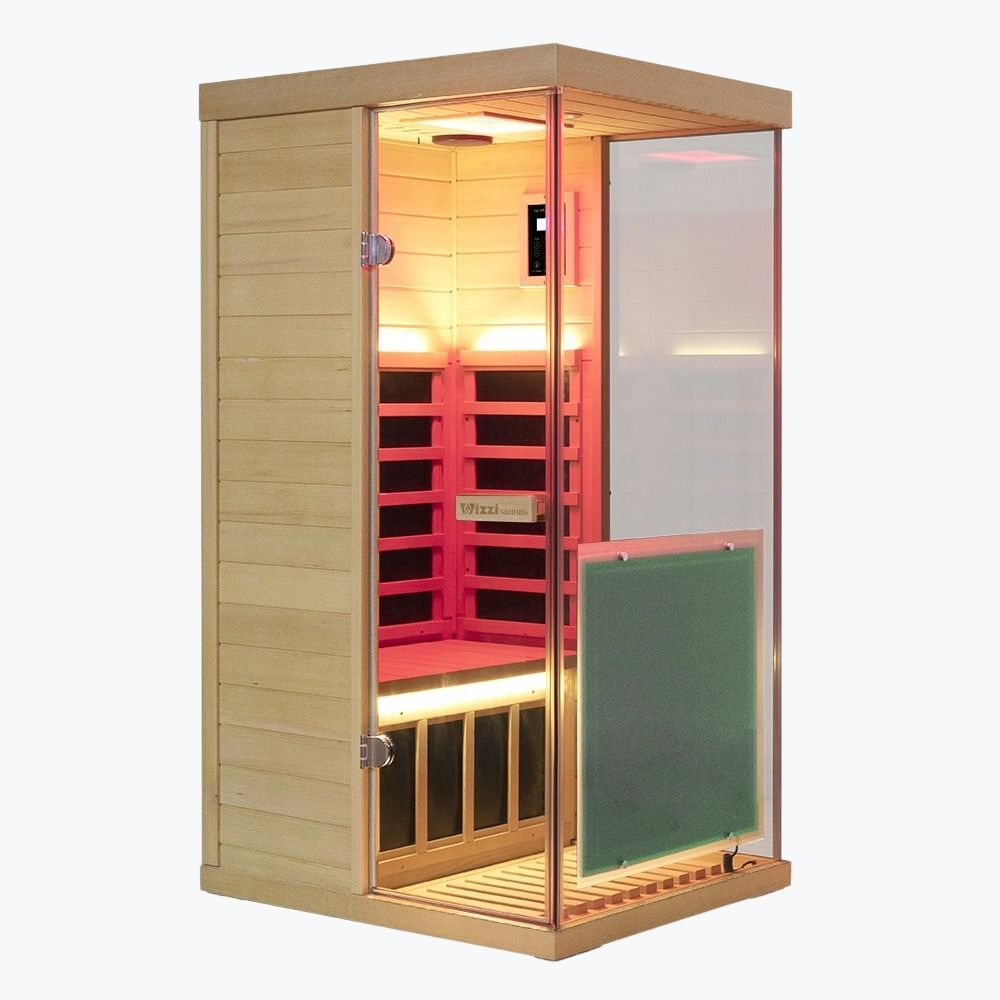 Infrared sauna with wooden exterior and glass door on a white background