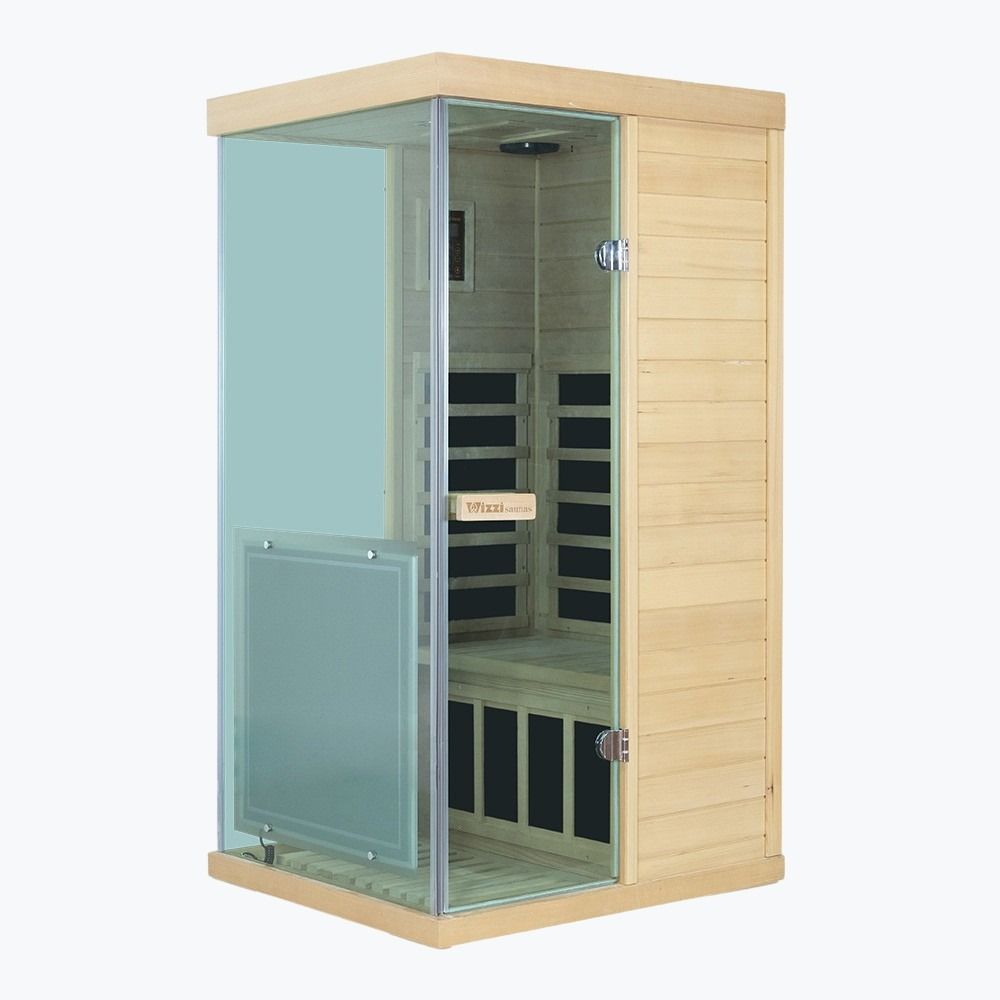 Wooden sauna with glass door on a white background