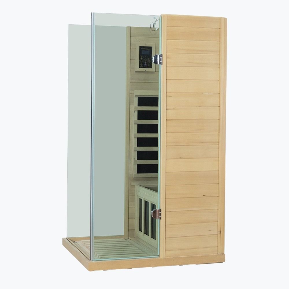 Wooden sauna with glass door on a white background