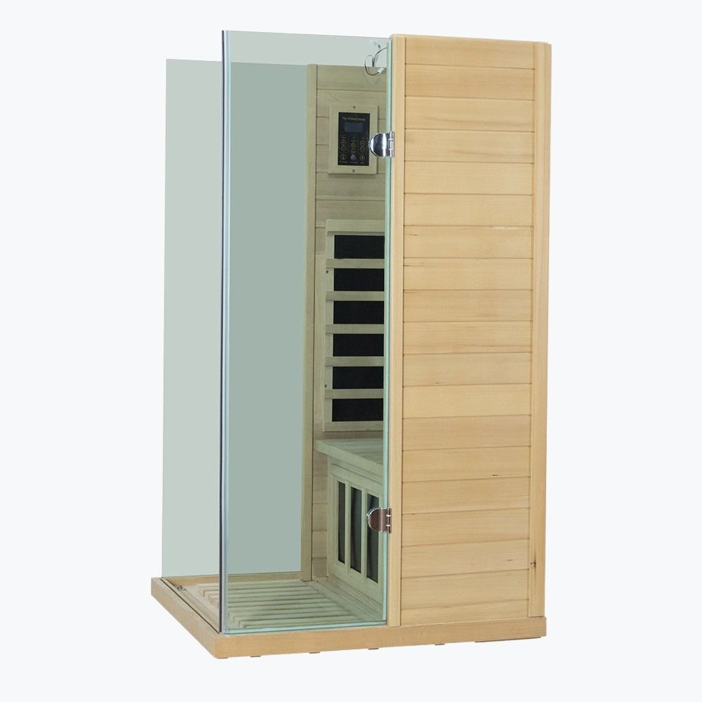 Infrared sauna with wooden exterior and glass door on a white background
