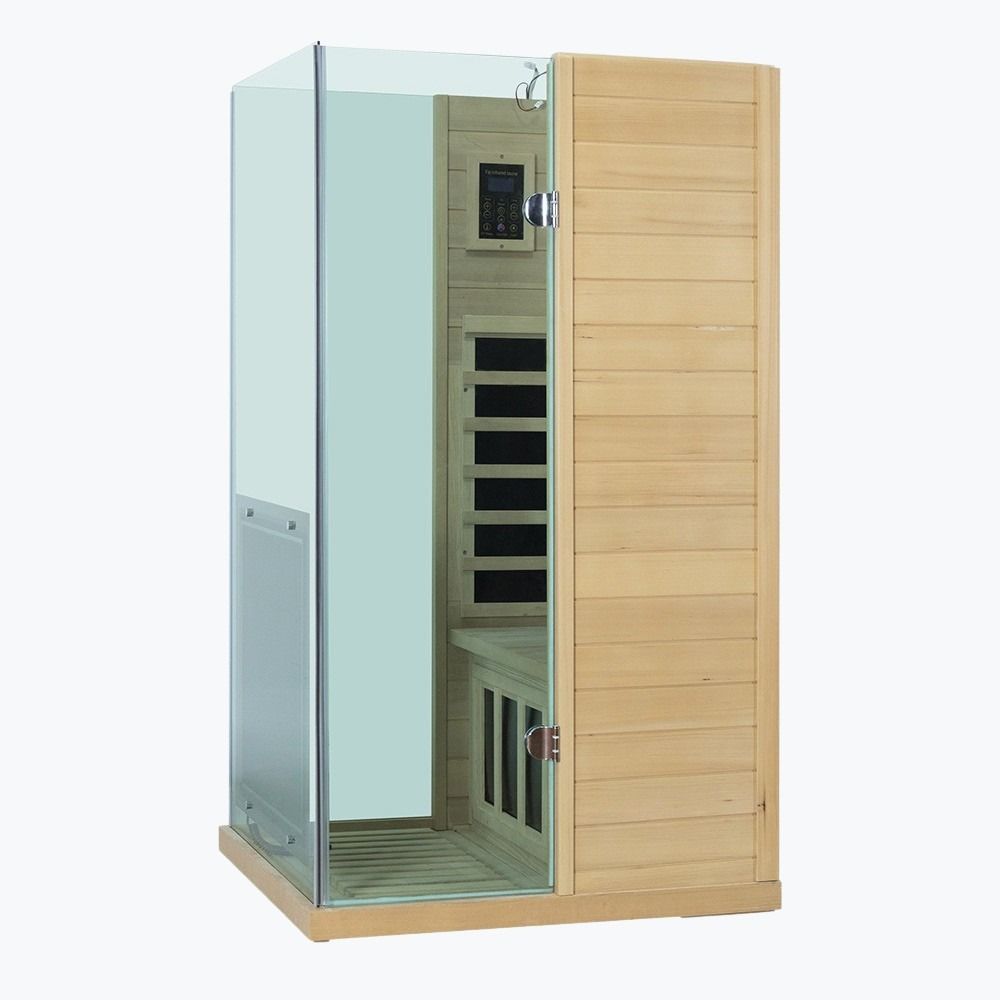 Infrared sauna with wooden exterior and glass door on a white background