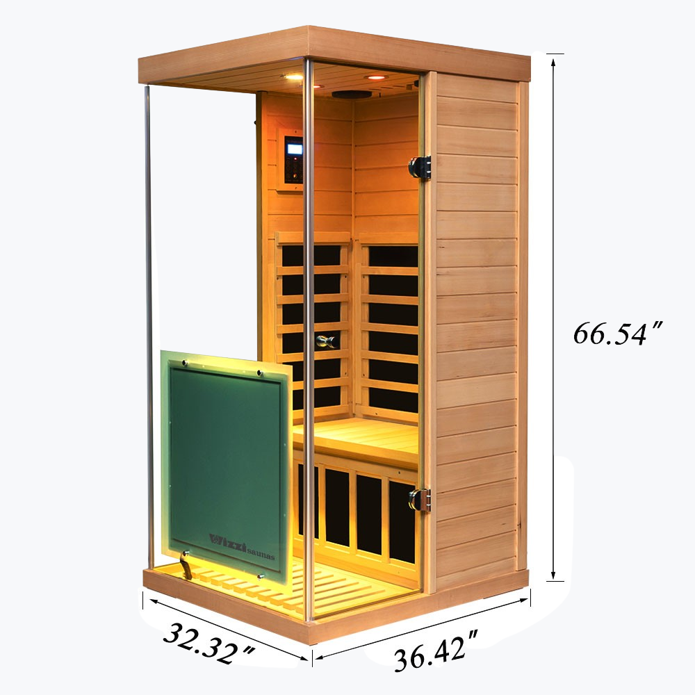 Wooden sauna with dimensions labeled on a white background