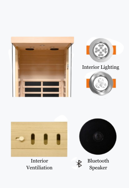Infrared sauna with interior lighting, ventilation, and Bluetooth speaker features on a white background.