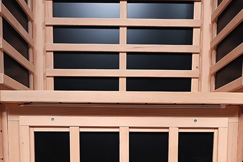 Wooden sauna with glass panels