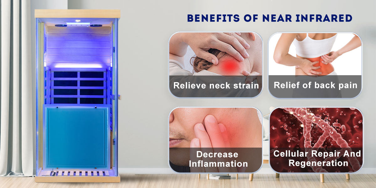 Infrared sauna with benefits listed on a white background