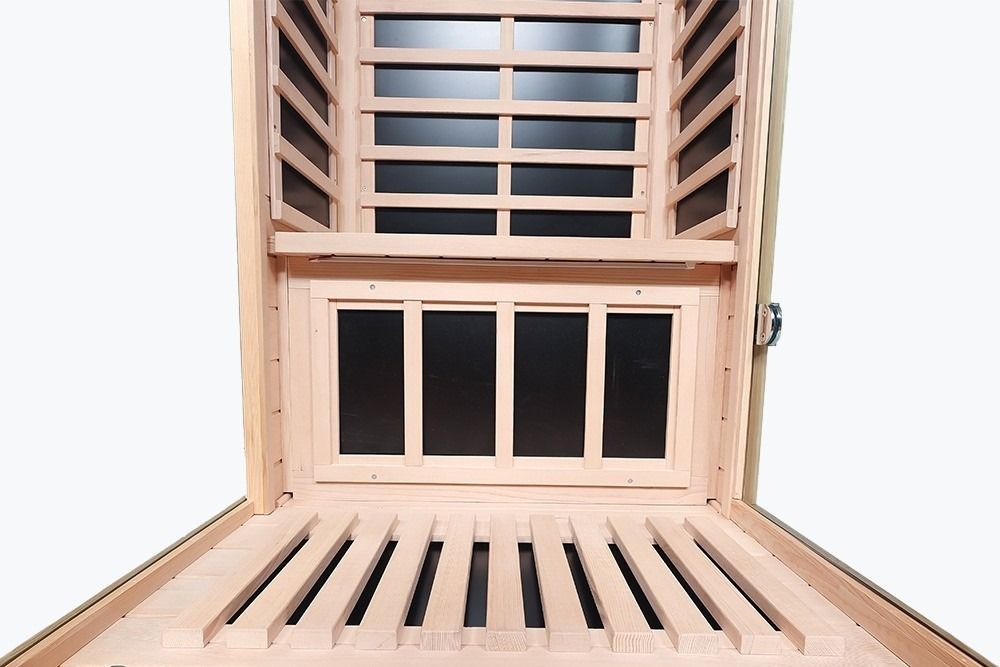 Wooden sauna with glass panels on a white background