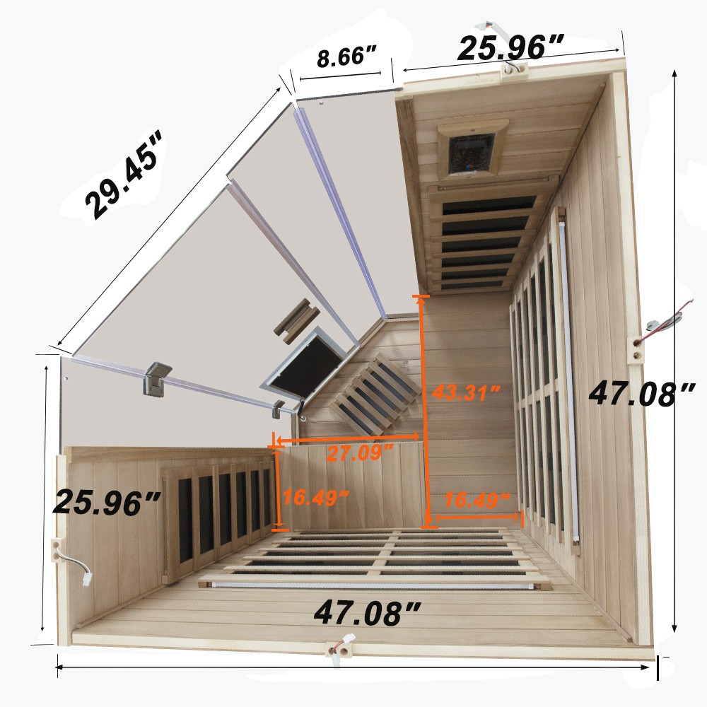 WizziSaunas SR07 Red Cedar Infrared Sauna interior dimensions chart showing 47.08 x 25.96 x 29.45 inches with detailed bench and ceiling measurements by WizziSauna