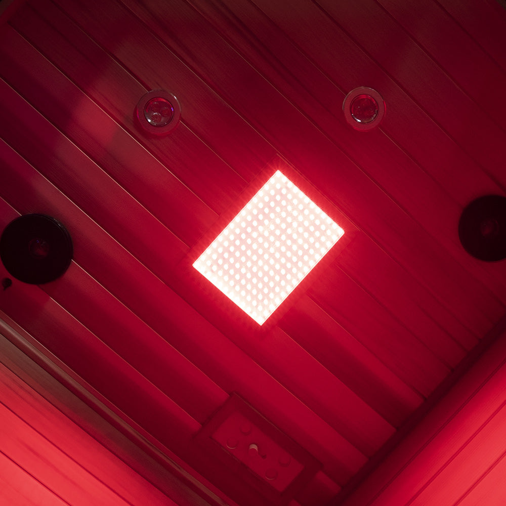 WizziSaunas SR07 Red Cedar Infrared Sauna ceiling view showing full spectrum red LED therapeutic light panel, speakers, and control display by WizziSauna close up view.