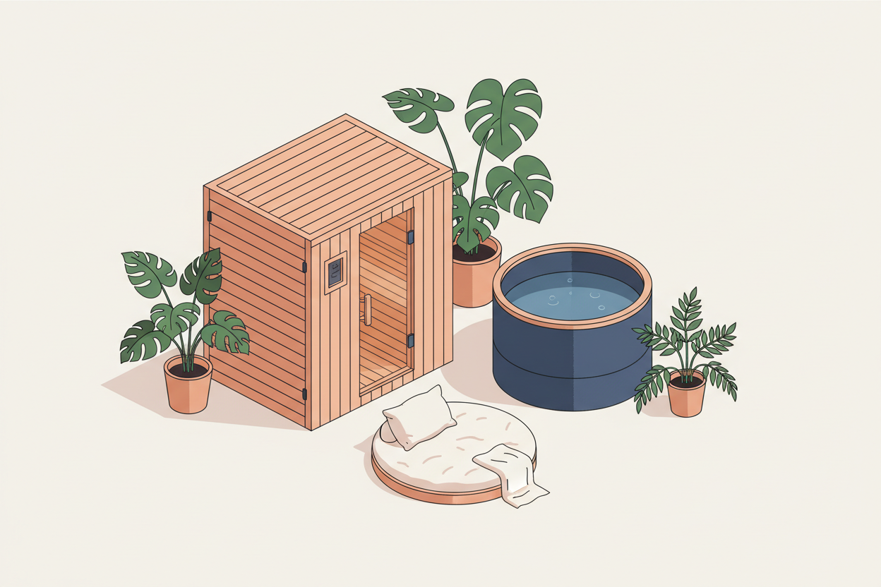 **Alt text:**  > Conceptual illustration of a home wellness space featuring a cedar sauna, cold plunge tub, and rest area arranged together in a serene backyard setting with warm and cool tones.