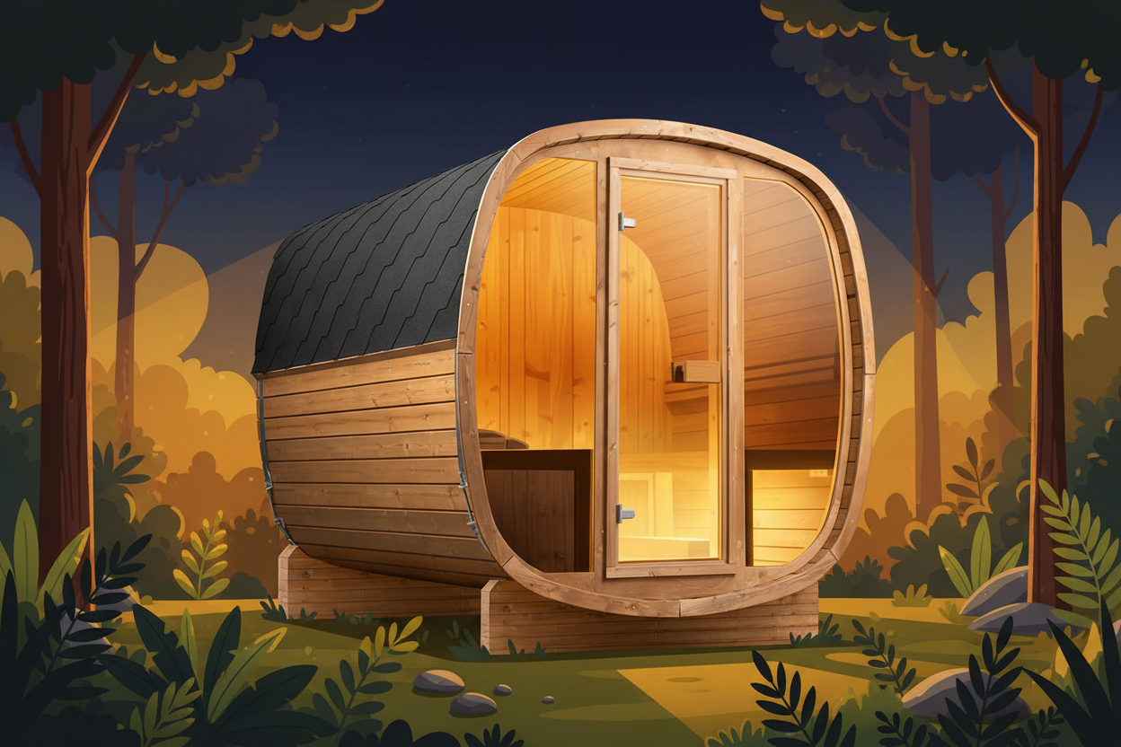 Illustrated Auris Two luxury outdoor cedar sauna glowing with warm amber radiance against a deep navy sky, representing the premium outdoor sauna experience for home heat therapy and contrast therapy protocols.