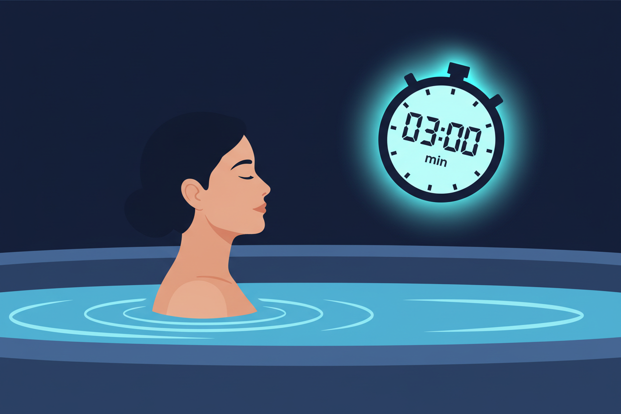 Illustrated person submerged in a cold plunge tub with a stopwatch graphic, representing research-backed cold water immersion duration protocols for athletic recovery, neurochemical output, and hormetic adaptation.