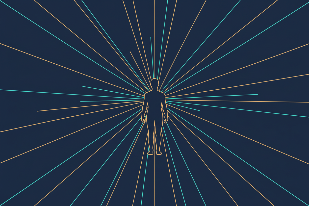 Flat illustration of human silhouette with infrared wavelengths penetrating the body representing full spectrum infrared sauna heat therapy science