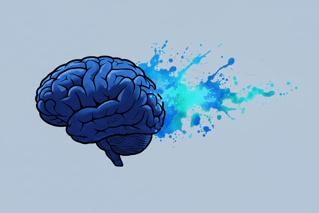 Illustrated side-profile view of a human brain with fluid watercolor splashes of electric blue and cyan radiating outward, representing the neurochemical effects of cold water immersion on dopamine and norepinephrine.