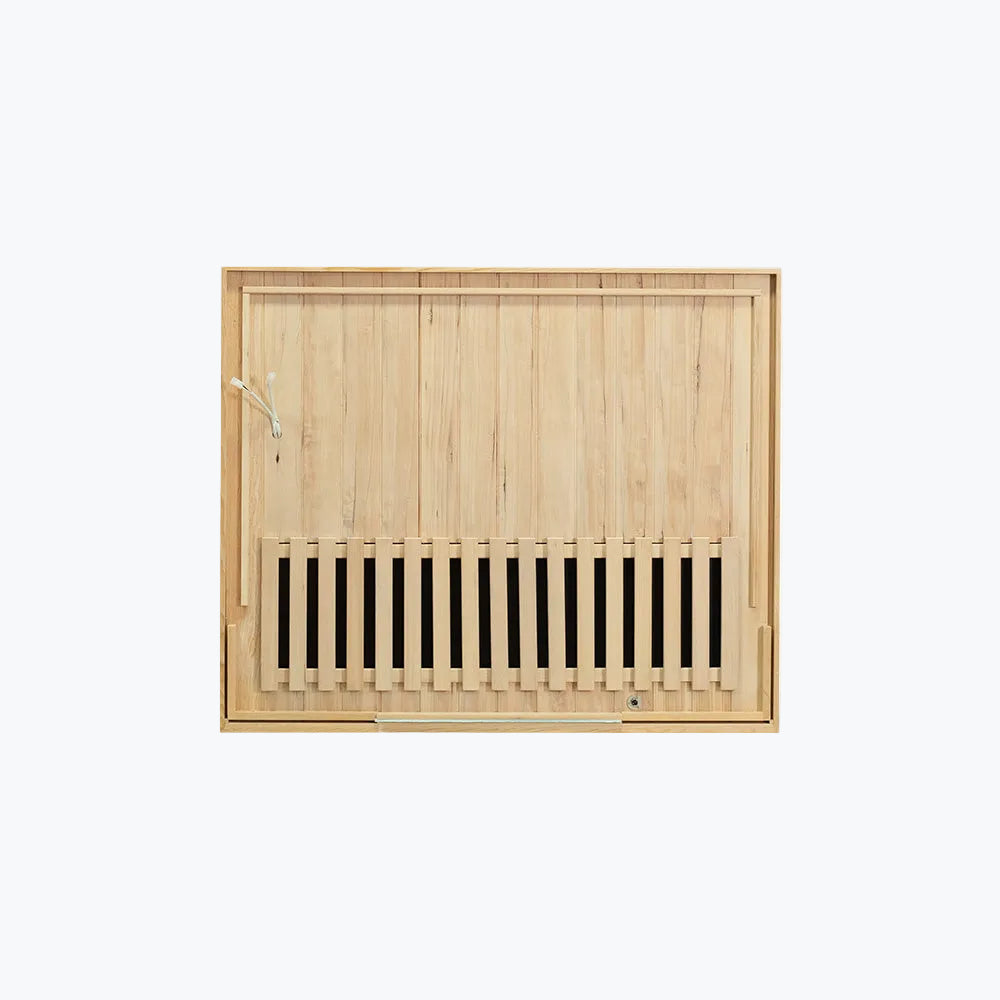 WizziSaunas SH02 Hemlock Infrared Sauna top-down view of hemlock wood slat floor panel and carbon floor heater strips