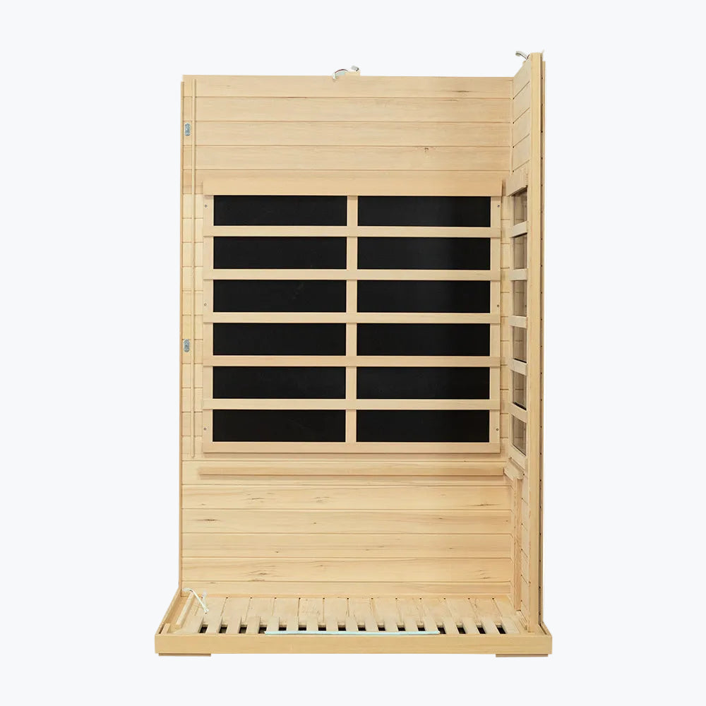 WizziSaunas SH02 Infrared Sauna side wall panel with carbon heater array door hinge and hemlock frame on white background