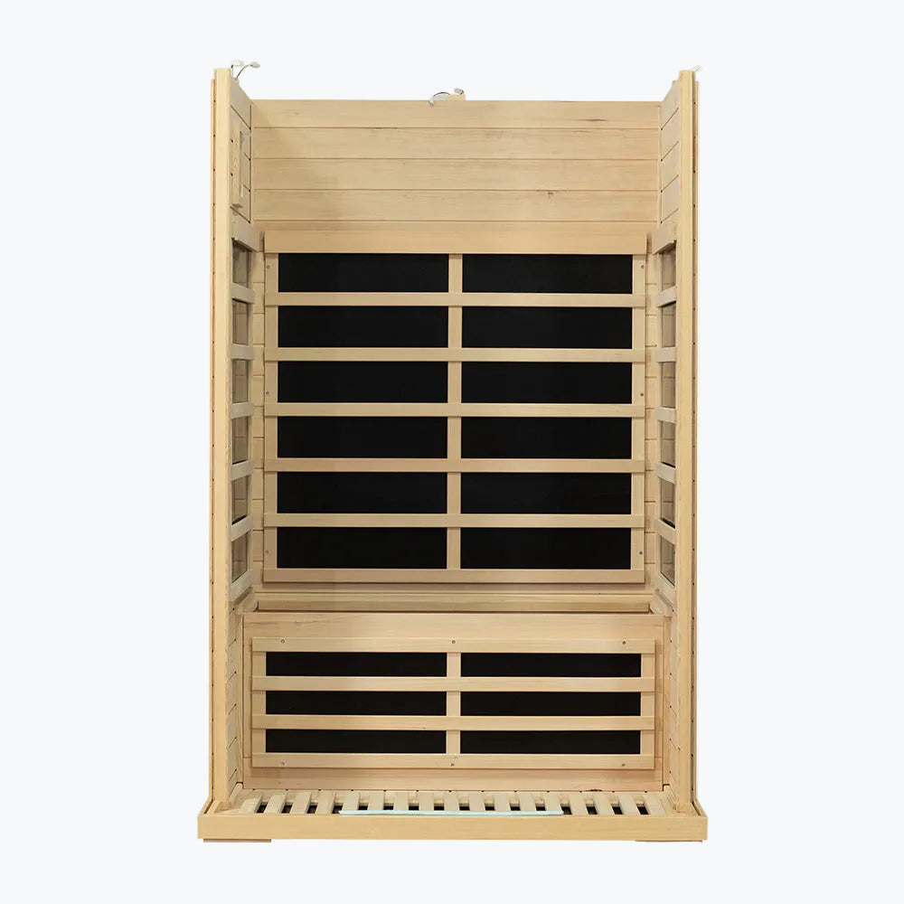 WizziSaunas SH02 Hemlock Infrared Sauna interior front view showing carbon heater panels on all walls and cedar bench slats