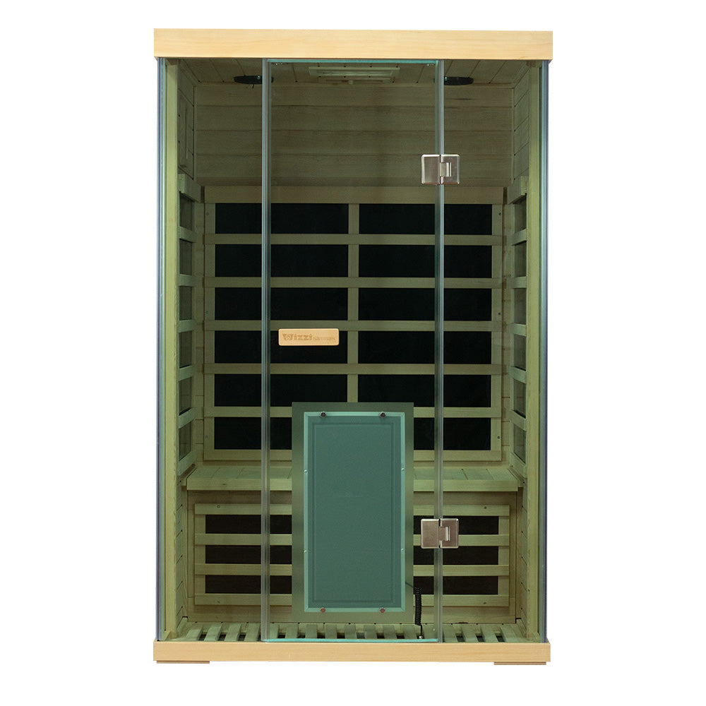 WizziSaunas SH02 Hemlock Infrared Sauna front view with glass door closed showing full frame cedar benches and control tablet