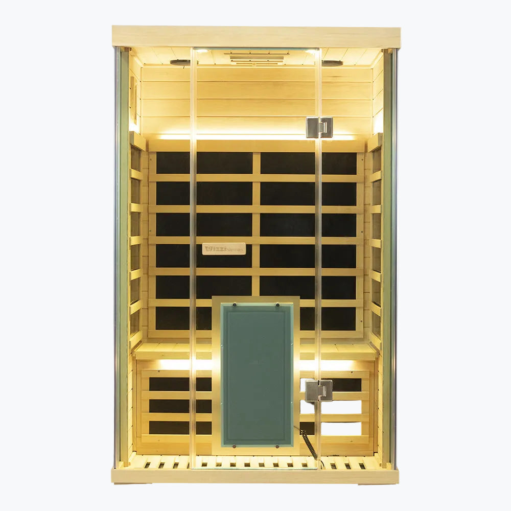 WizziSaunas SH02 Hemlock Infrared Sauna front view with warm white LED lighting illuminating interior and glass door closed