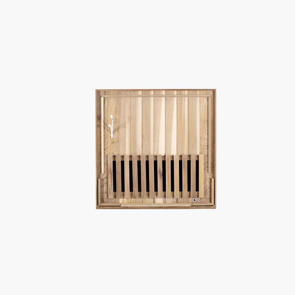 WizziSaunas SR01 Red Cedar Infrared Sauna floor panel close-up showing cedar wood slats and ventilation drainage grate strips on white background