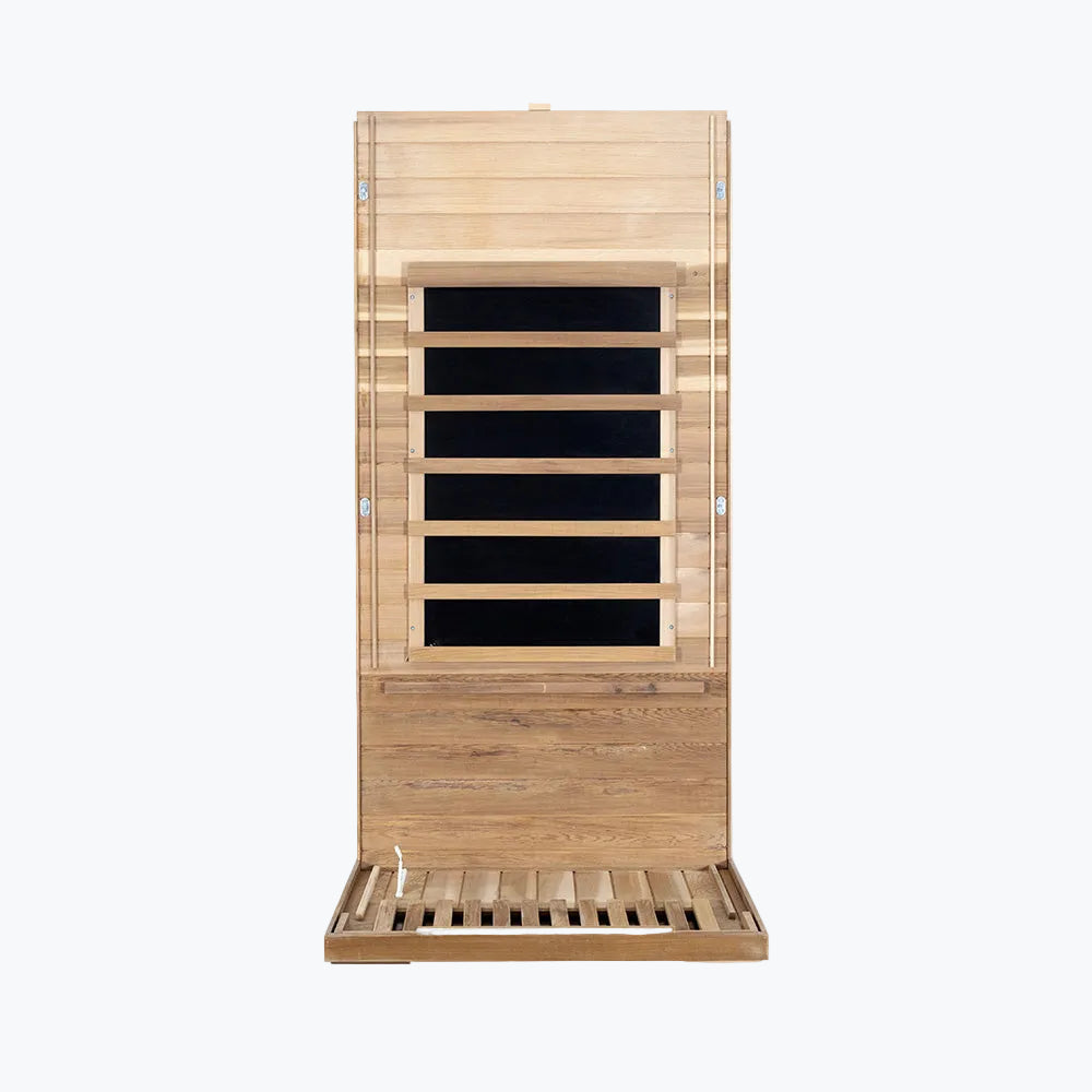 WizziSaunas SR01 Red Cedar Infrared Sauna assembly step one showing rear wall panel with five carbon heater rows connected to floor panel on white background
