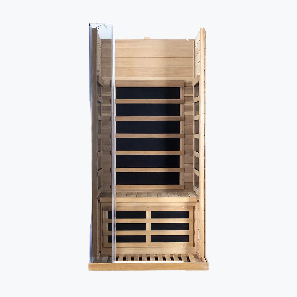 WizziSaunas SR01 Red Cedar Infrared Sauna assembly step five showing glass door frame panel attached to side opening with bench seat visible on white background