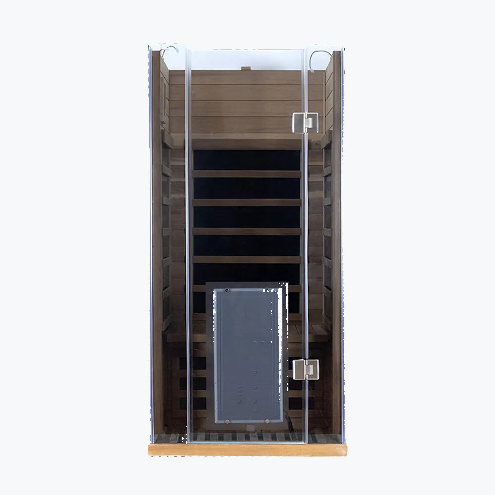 WizziSaunas SR01 Red Cedar Infrared Sauna assembly step six showing tempered glass door panel fully installed with handle and lock and carbon heaters visible inside on white background