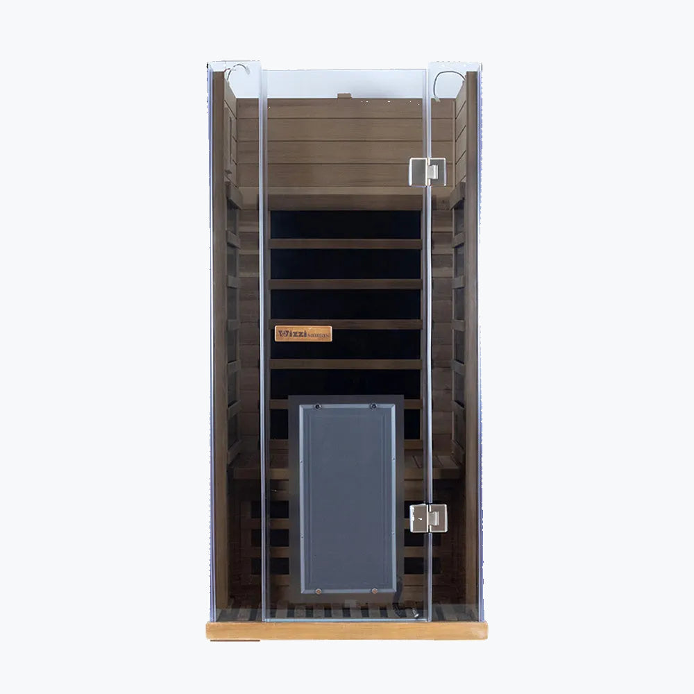 WizziSaunas SR01 Red Cedar Infrared Sauna assembly step seven showing interior with glass door control panel installed on side wall and carbon heaters on white background