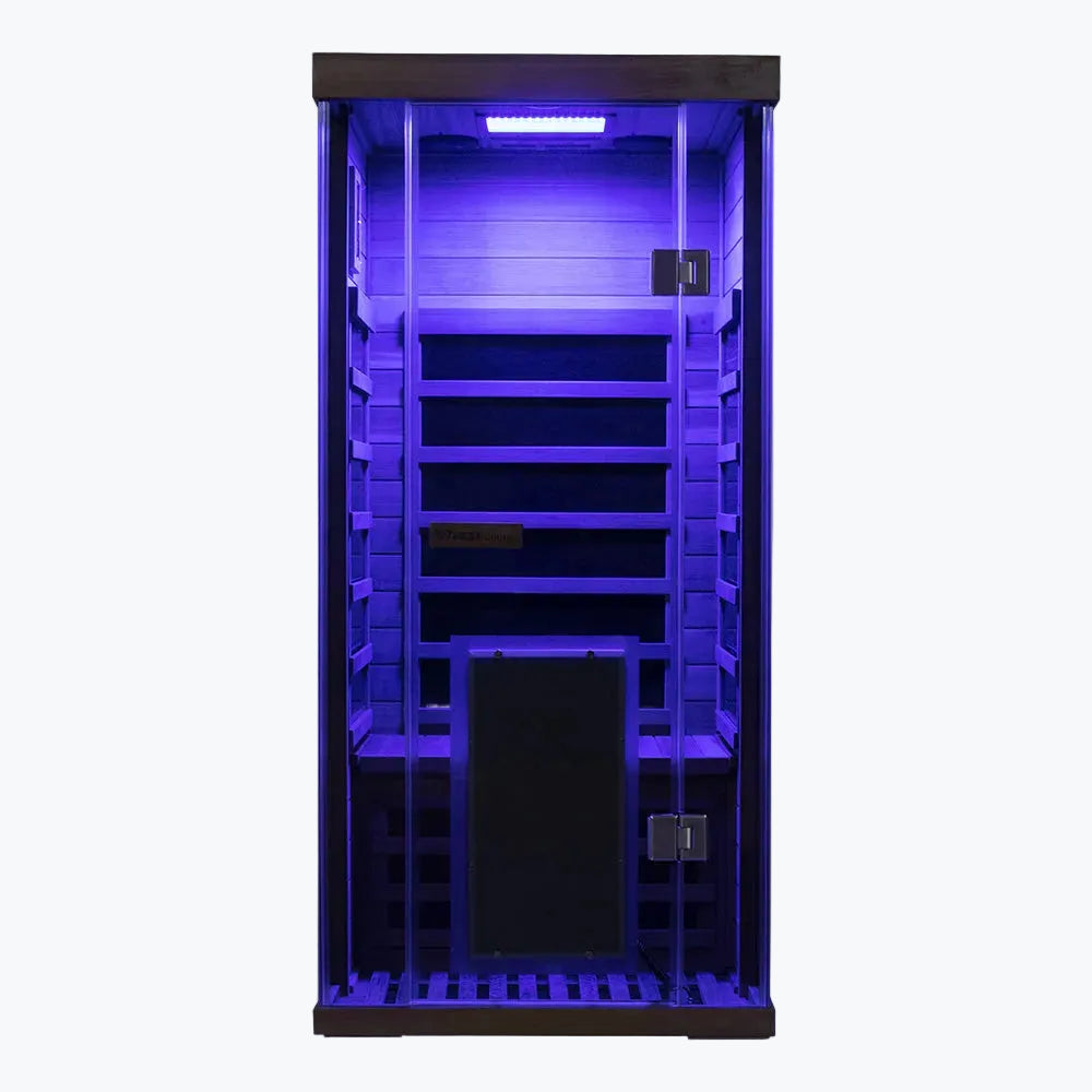 WizziSaunas SR01 Infrared Sauna straight-on interior front view showing carbon heater panels bench seat and vivid blue chromotherapy LED lighting on white background