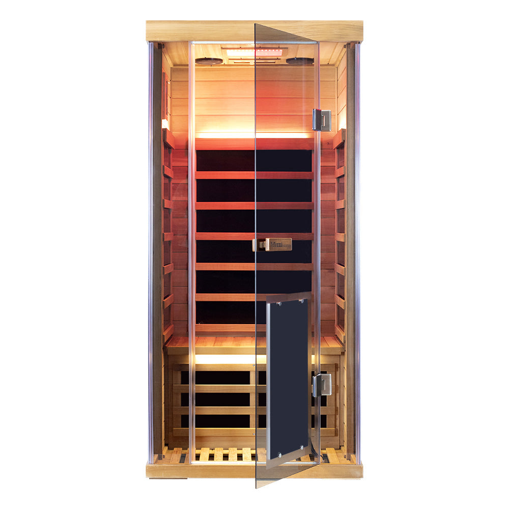 WizziSaunas SR01 Red Cedar Infrared Sauna straight-on interior view with glass door panels showing carbon heaters cedar walls full spectrum ceiling heater glowing warm orange on white background