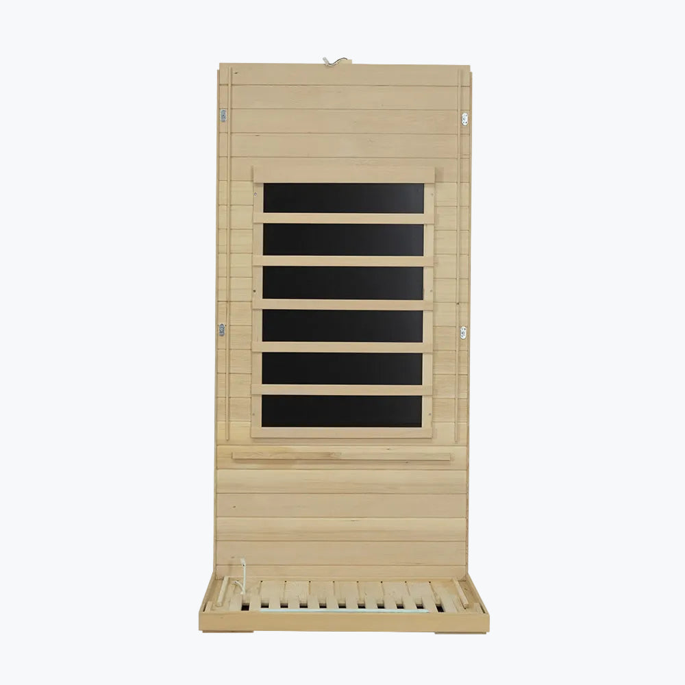 WizziSaunas SH01 Infrared Sauna assembly step two showing rear wall panel with five carbon heater rows connected to floor panel