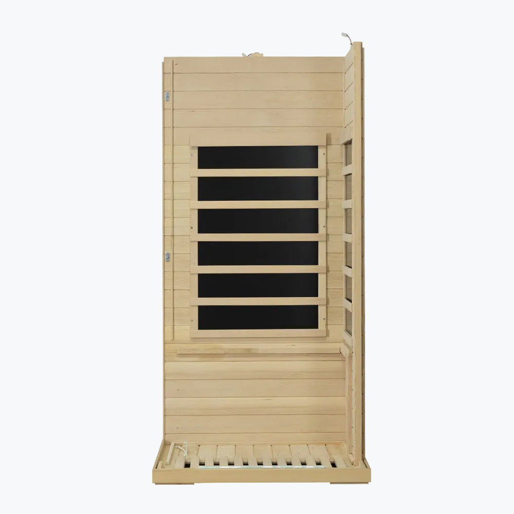 WizziSaunas SH01 Infrared Sauna assembly step three showing rear wall and right side wall panels joined with floor panel