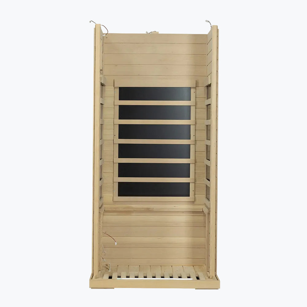 WizziSaunas SH01 Infrared Sauna assembly step four showing rear and both side wall panels with carbon heaters joined to floor panel open-top view