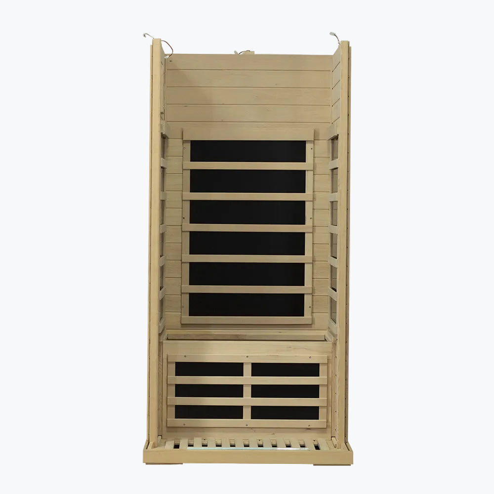 WizziSaunas SH01 Infrared Sauna assembly step five showing three wall panels with bench seat and lower heater panel installed
