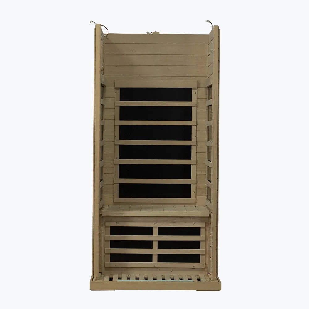 WizziSaunas SH01 Infrared Sauna assembly step six showing three wall panels with bench seat front lower panel and carbon heater rows installed