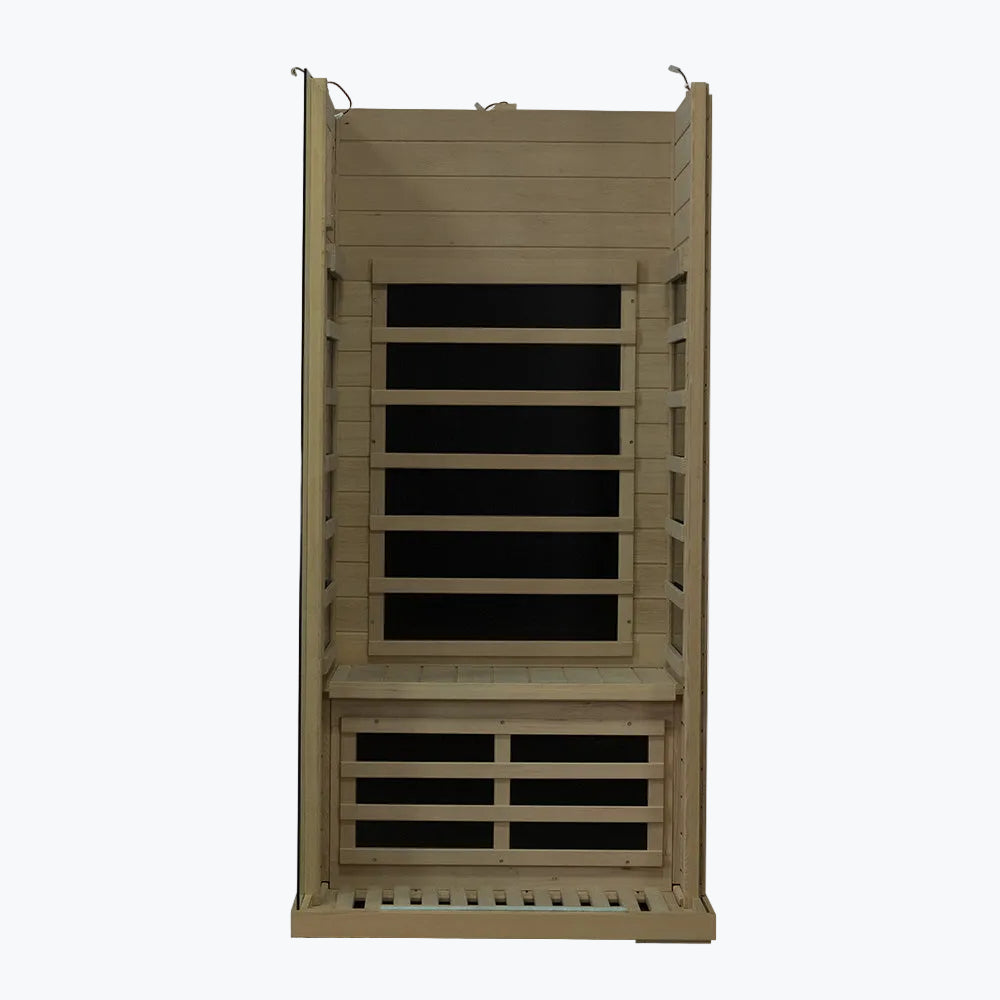 WizziSaunas SH01 Infrared Sauna assembly step seven showing interior wall panels bench seat front grille and carbon heater array fully installed