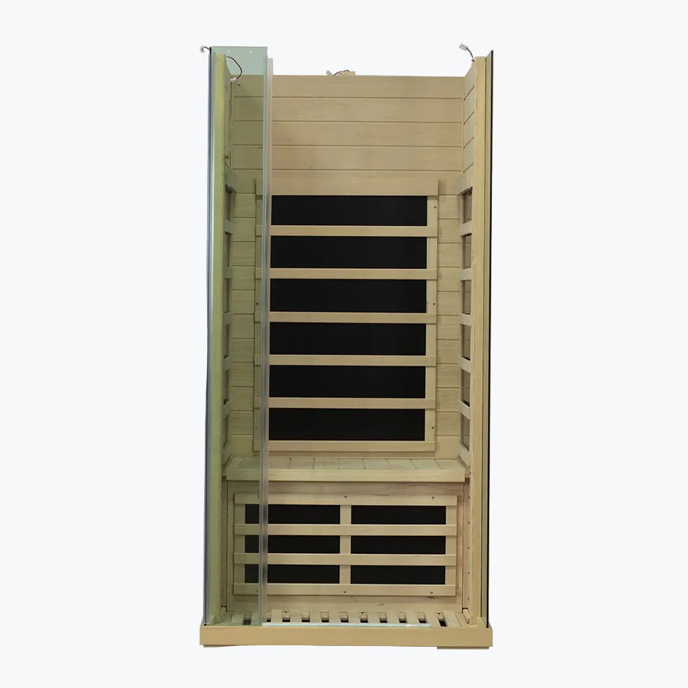 WizziSaunas SH01 Infrared Sauna assembly step nine showing door frame attached with front vent grille and bench seat visible from inside