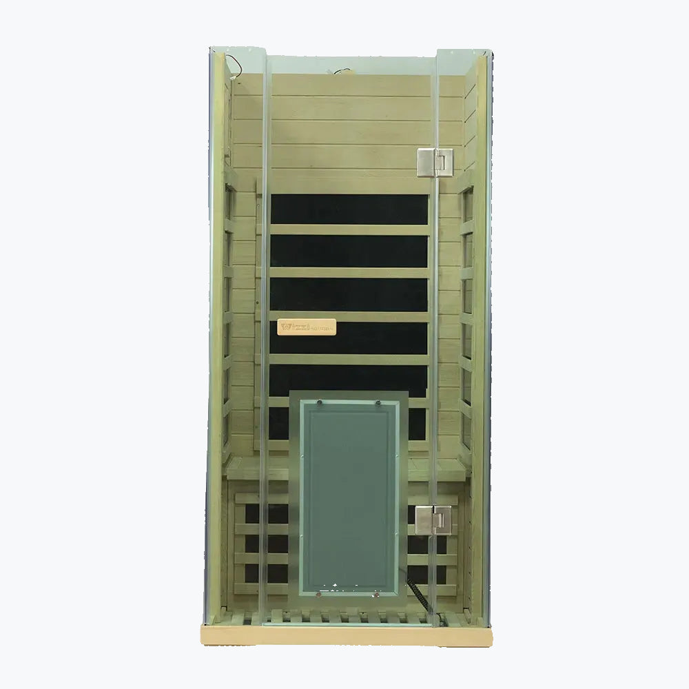 WizziSaunas SH01 Infrared Sauna assembly step ten showing tempered glass door panel installed with control button and aluminum frame