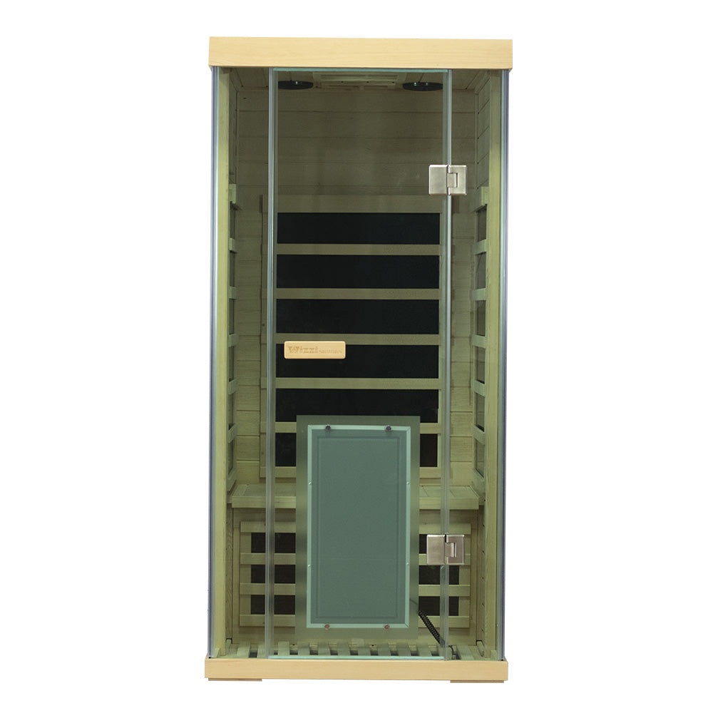 WizziSaunas SH01 Infrared Sauna assembly step eleven showing nearly complete enclosure with roof panel glass door frame and front interior view