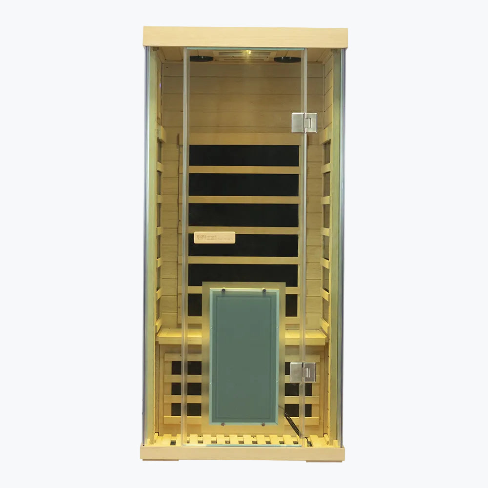 WizziSaunas SH01 Infrared Sauna fully assembled interior view with hemlock wood panels carbon heaters bench seat glass door and interior lighting on