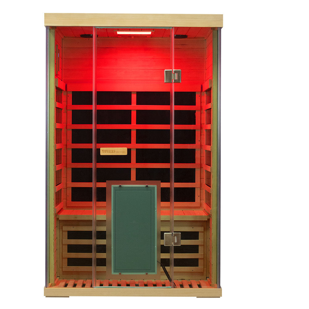 WizziSaunas SH02 Hemlock Infrared Sauna front view through glass door with red chromotherapy lighting and carbon heater panels