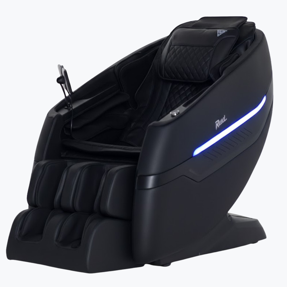 Floridian Brand Rebel 4D Massage Chair full front view in black with blue LED strip and zero gravity recliner base on white background